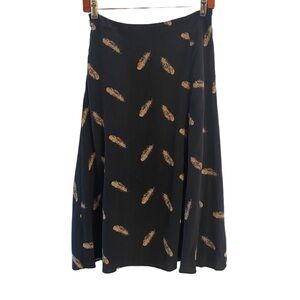 Feather Print 100% Silk Black A-Line Skirt Size M